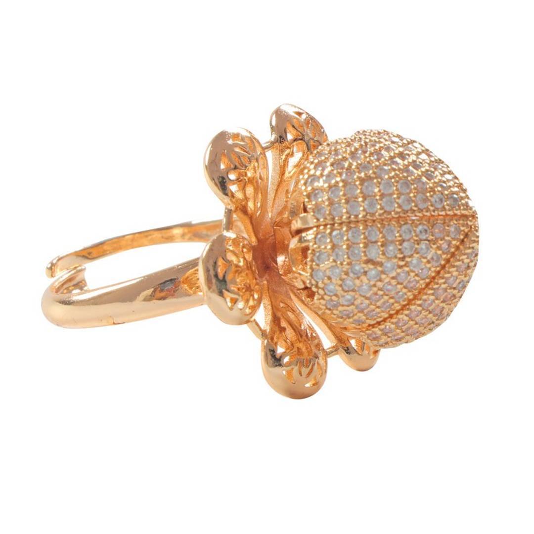 Gold-Plated & White AD-Studded Rotating Adjustable Finger Ring