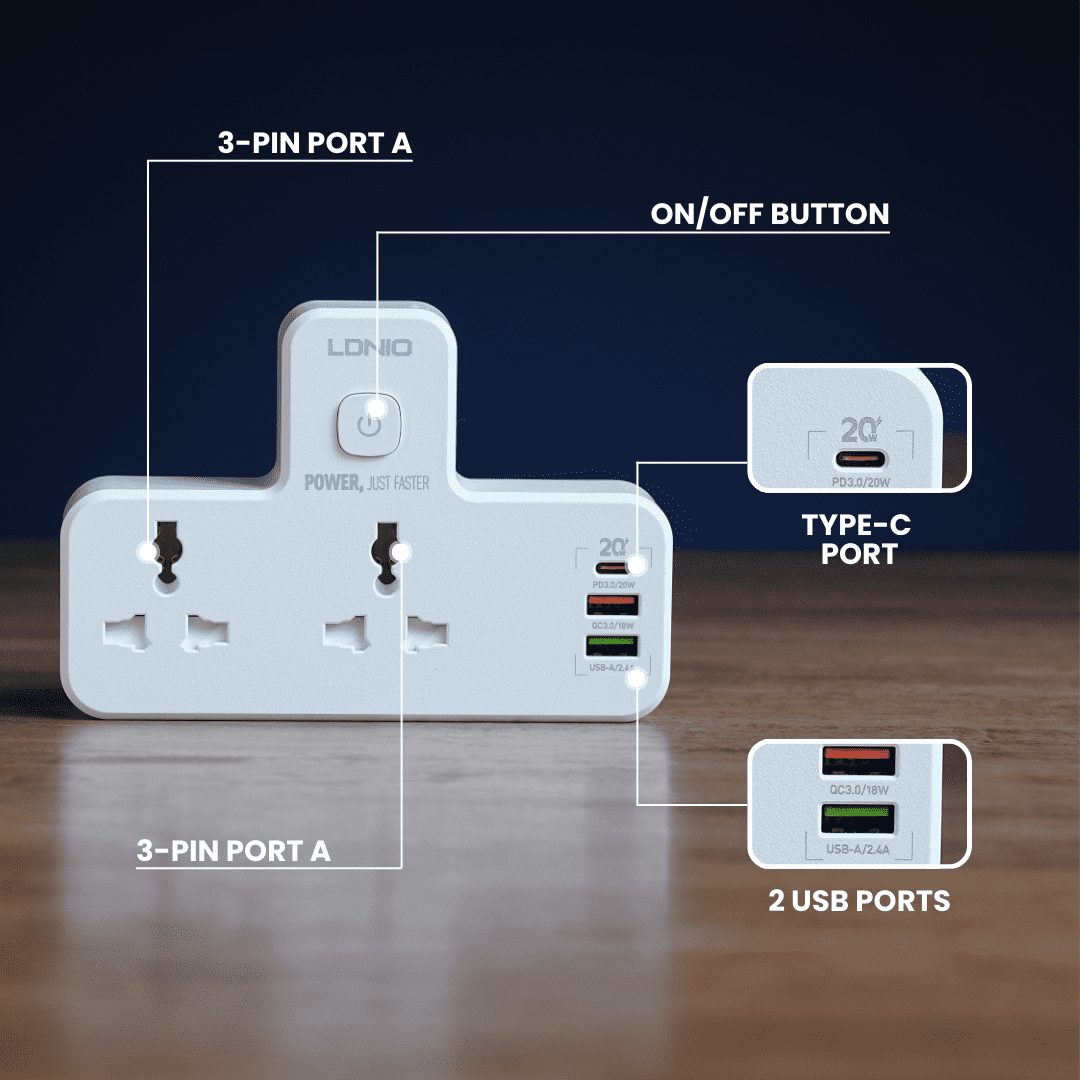 3-Port USB Charger Extension Power Strip  20W USB-C, PD, USB-A Wall Charger Adapter Fast Charger