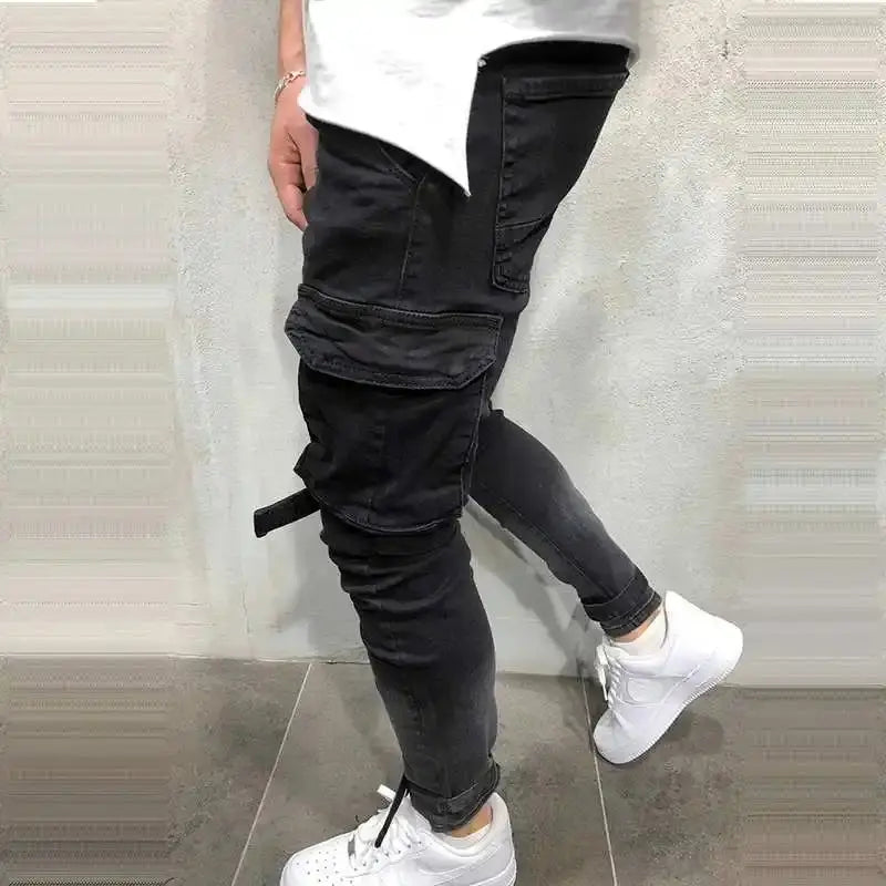 Custom Made Designed Mens Polyester Cotton Elastic Denim Jogging Fashion Mens Skinny Multi-Pocket Jeans