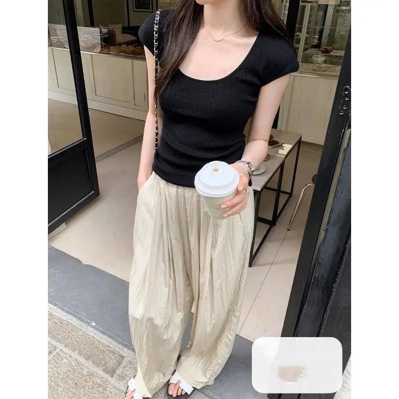 2024 New Knitted Short Sleeved T-shirt Solid Women's Top Slim Fit And Sexy Short Sleeved Knitted