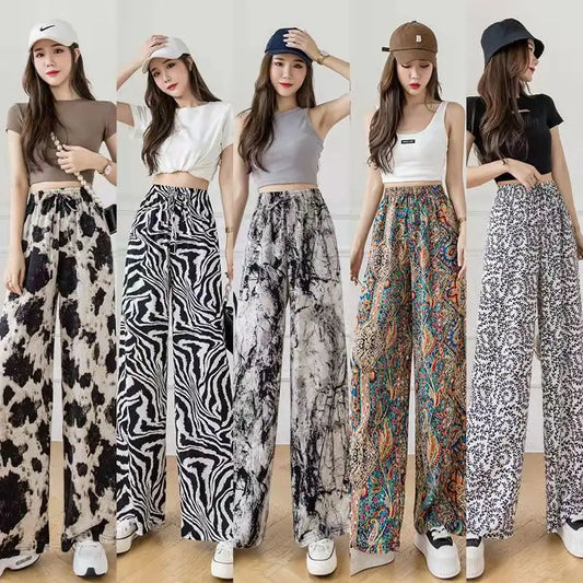 2022 2023 Hot Selling High Waist Loose Lace-up Ink Painting Casual Tie-dye Ice Silk Printed Harem Wide Leg Women