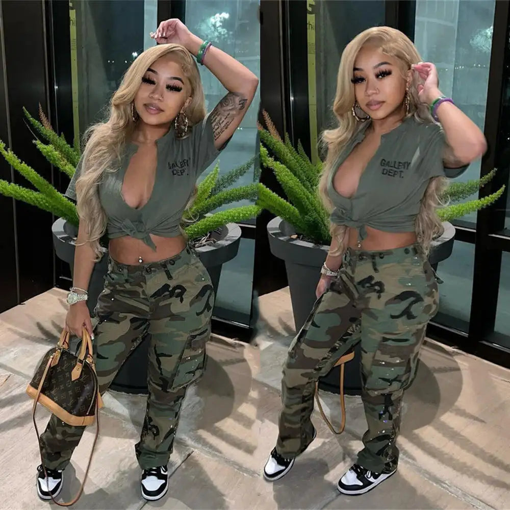 2022 fall fashion baggy multi pockets cargo pants casual patchwork straight camouflage cargo for women