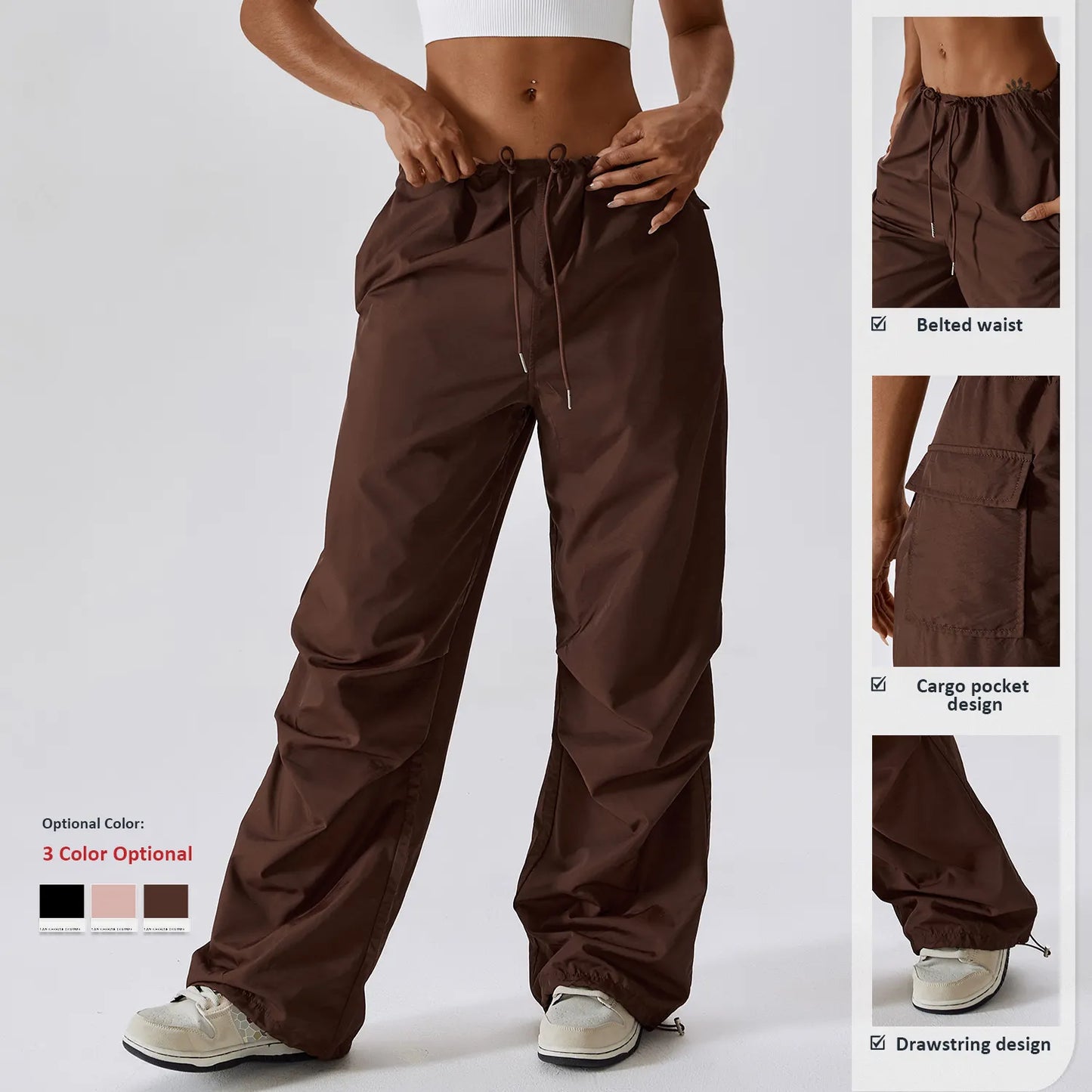 Custom High Waist Loose Sweat Pants With Pockets Straight Trousers Nylon Pink Cargo For Women