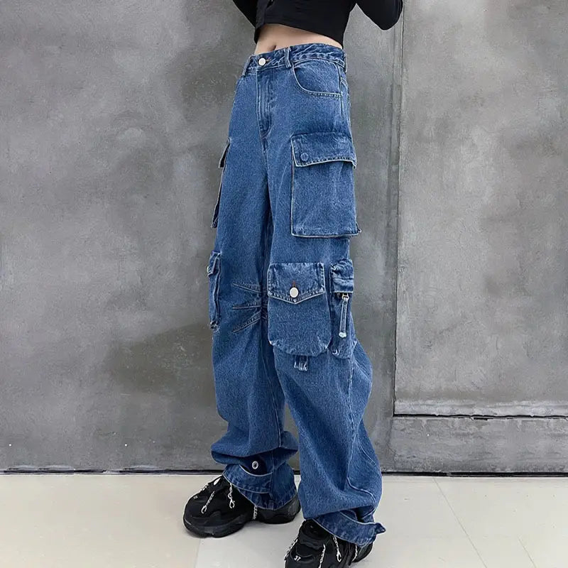 Jean Women Vintage Patchwork Pockets Loose High Waist Casual Cargo 2023 New