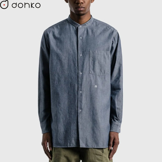 custom denim shirts with Chinese collar small MOQ men long sleeve