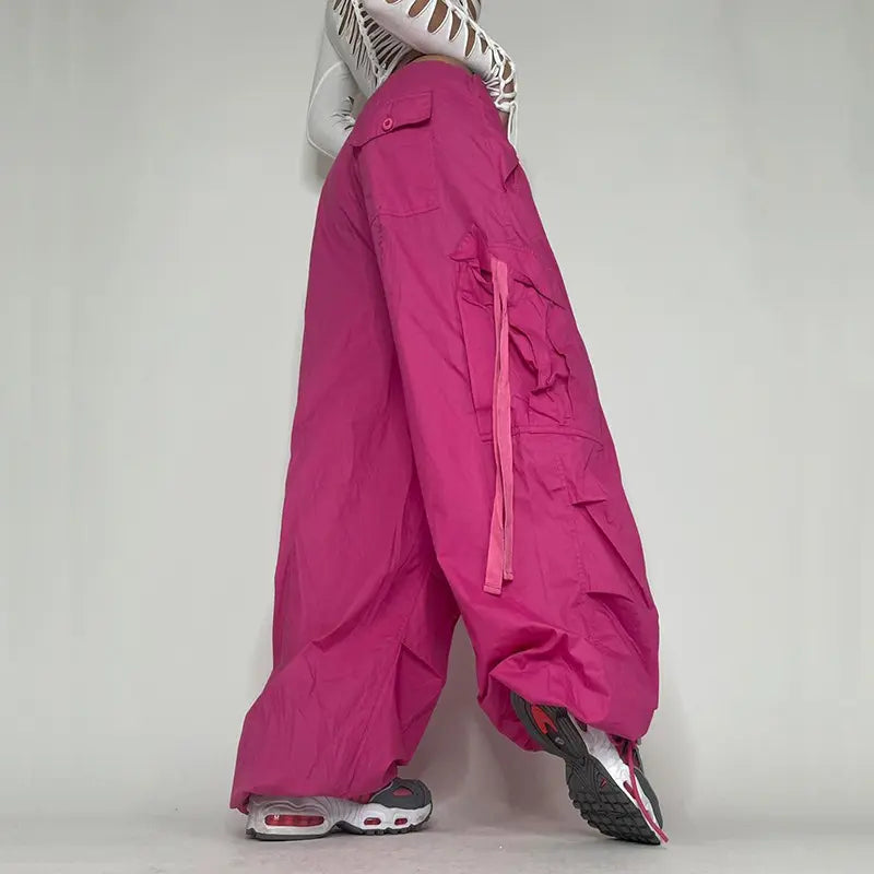 Y2k Style Women Street Wear Low Draw Cord Waist Trousers Baggy Balloon Cargo Parachute Casual Women's