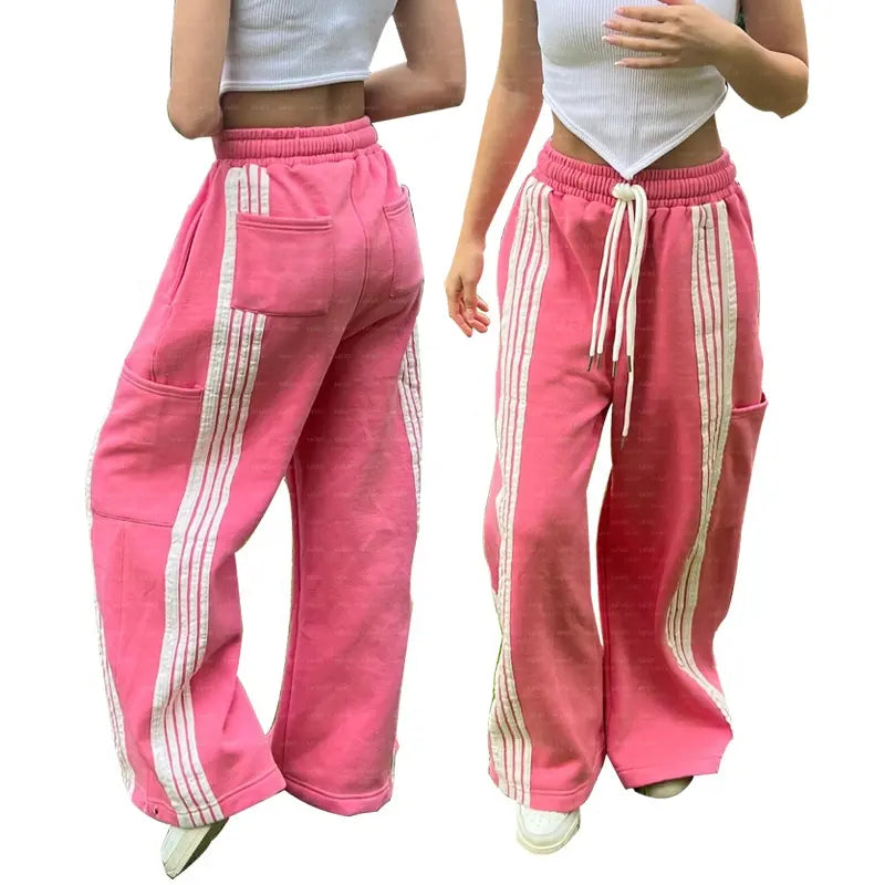 Wide Leg Sweatpants Custom Multiple Drawstrings Blank French Terry Cotton Stripe Oversized Baggy Street Flared Cargo Women