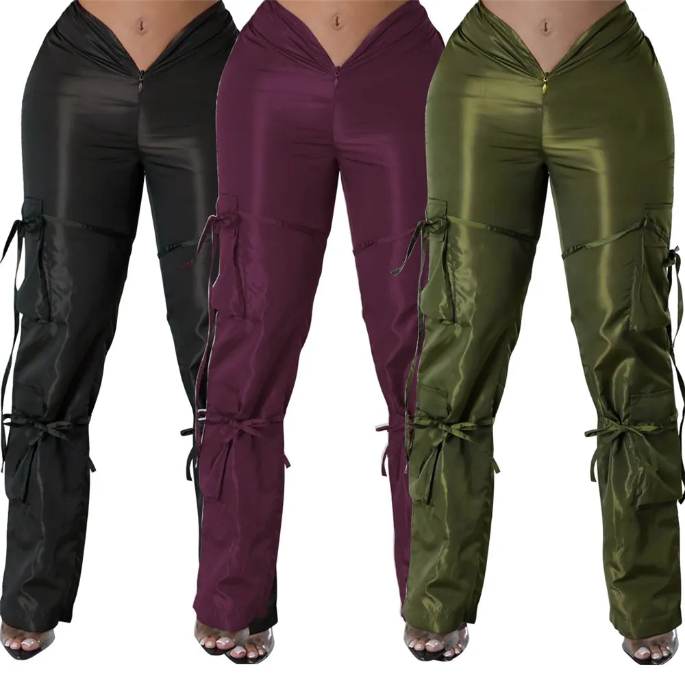 Custom Logo Fall Solid Color Women Cargo Pants Streetwear Big Pocket Low Waist Baggy Women's Trousers