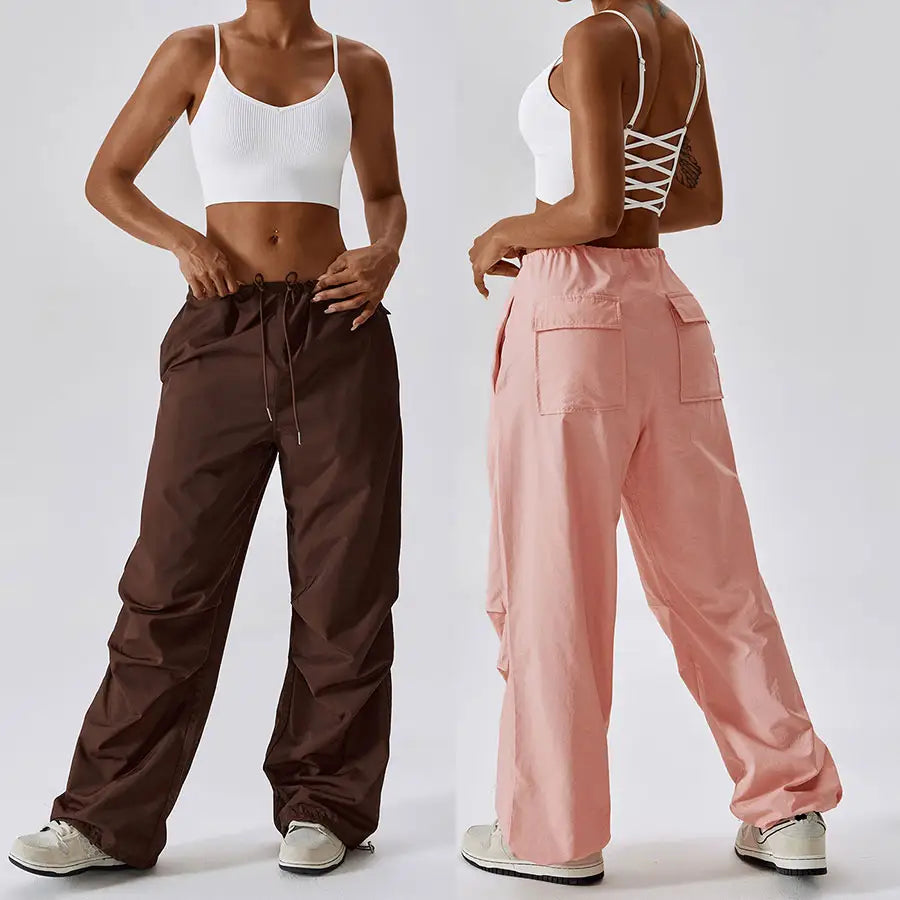 Custom High Waist Loose Sweat Pants With Pockets Straight Trousers Nylon Pink Cargo For Women