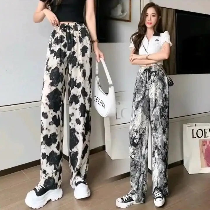 2022 2023 Hot Selling High Waist Loose Lace-up Ink Painting Casual Tie-dye Ice Silk Printed Harem Wide Leg Women