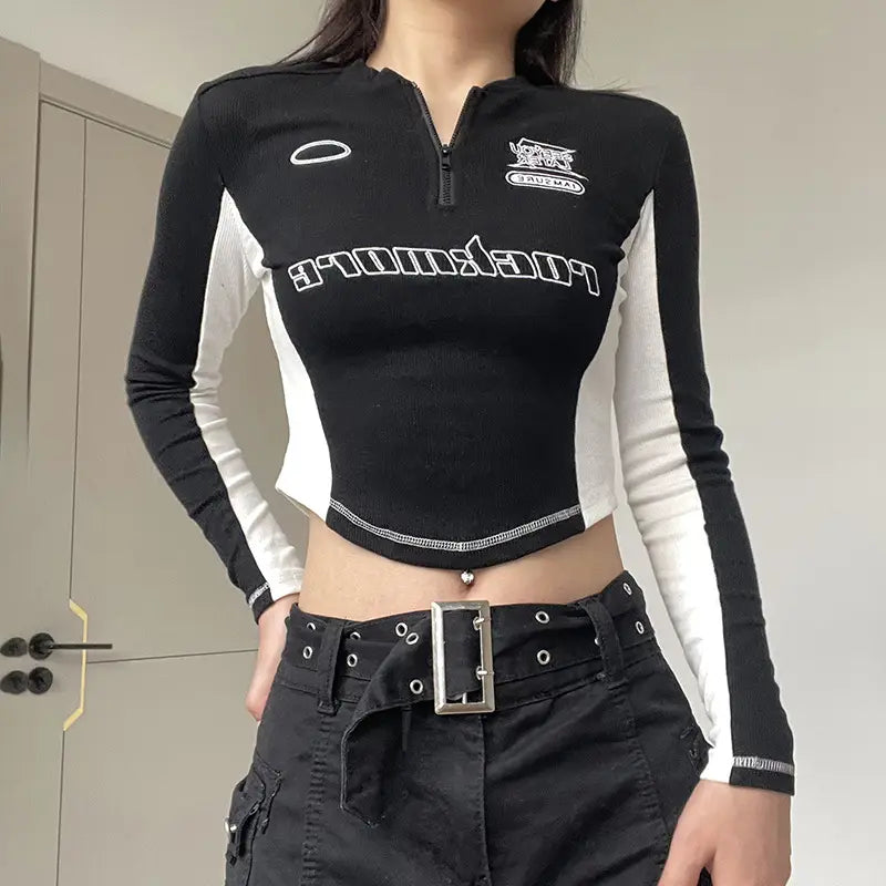 Mechanical Style Hot Girl Graphic Print Stitching Long Sleeve Y2K T- Slim-fit Fashion Top Women