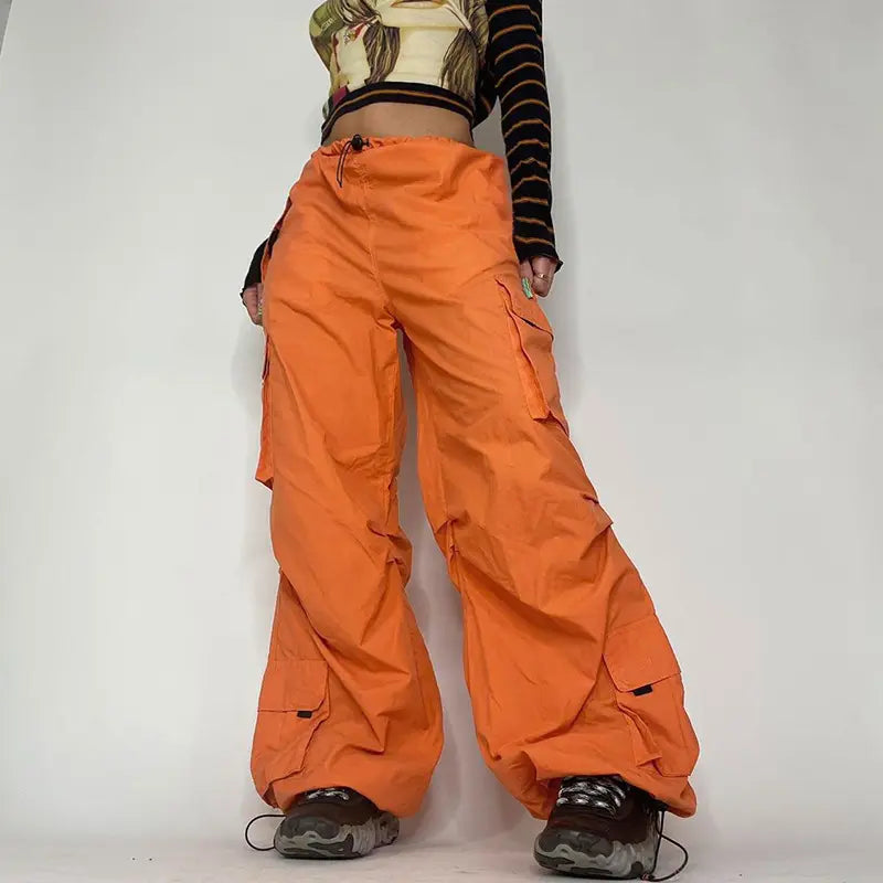 Y2k Style Women Street Wear Low Draw Cord Waist Trousers Baggy Balloon Cargo Parachute Casual Women's