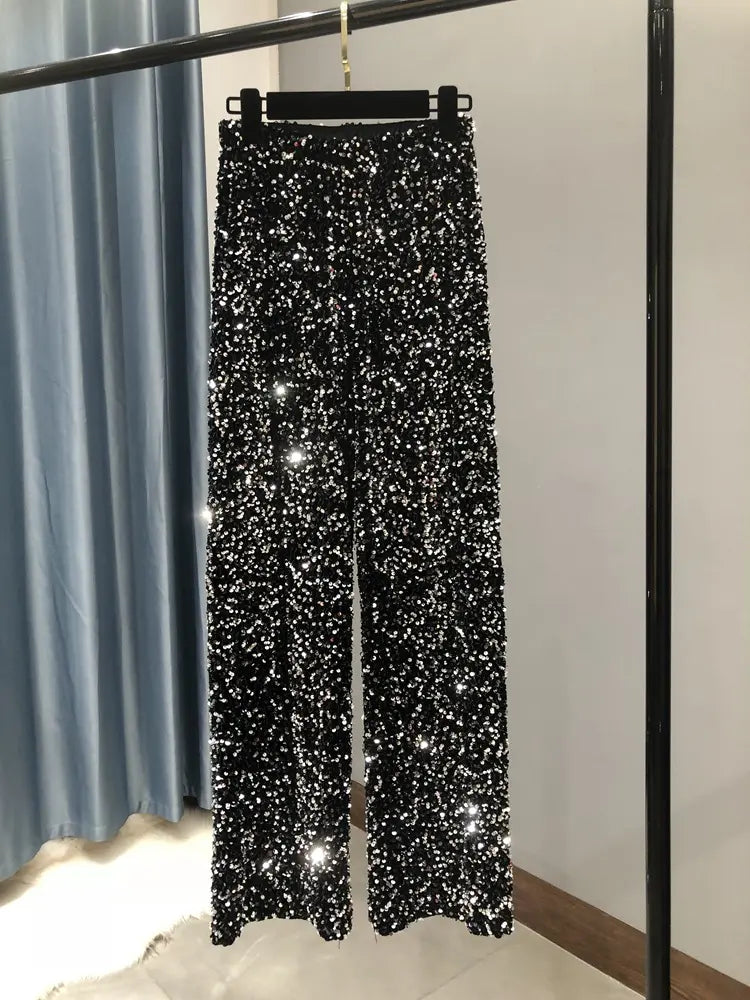 2022 Autumn Winter Thick Velvet Sequins Sexy y2k Wide Leg Streetwear Bottom Casual Club Party Women Trousers