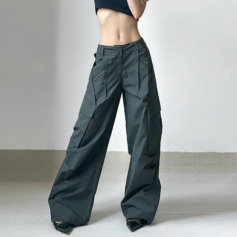 Flare Cargo Pants Women Parachute Pockets Vintage Y2k 90s Streetwear