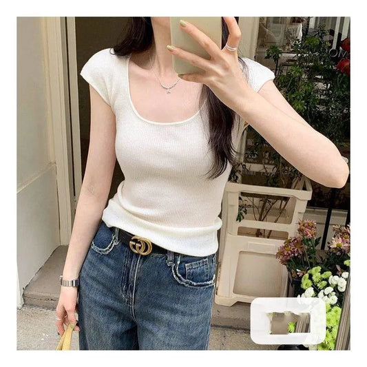 2024 New Knitted Short Sleeved T-shirt Solid Women's Top Slim Fit And Sexy Short Sleeved Knitted