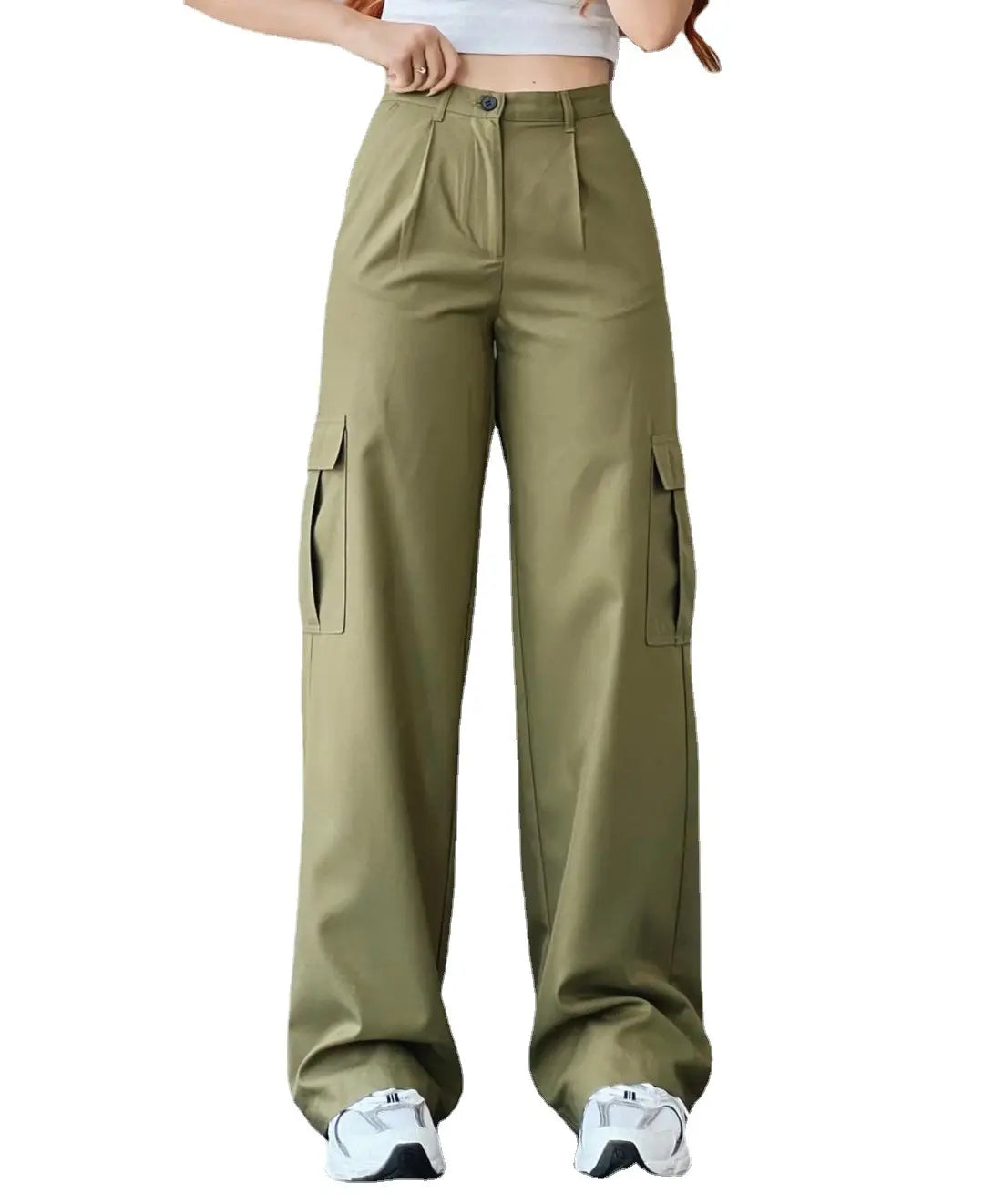 2024 New women's solid color all-matching casual mid-waist trousers wide leg cargo