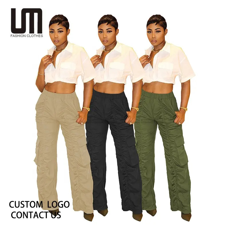 Liu Ming New Fashion Women Streetwear Pocket High Waist Wide Leg Baggy Trousers Cargo