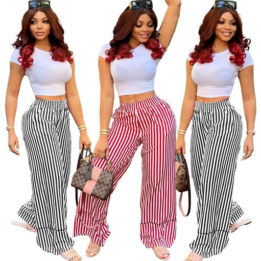 2022 Fall Clothing Casual Trendy High Waist Striped Printed Trousers Women Wide Leg Long