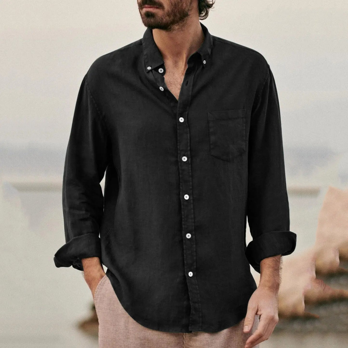 oem Customize oversize Men's Casual V-neck Shirts Button Solid Beach Long Sleeve Top Blouse Cotton Linen men's