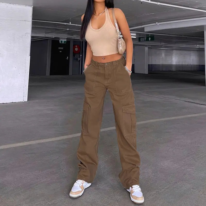 Hot Sale Hip Hop Girls Trousers Streetwear baggy Multi Pockets Wide Leg Casual Women Cargo