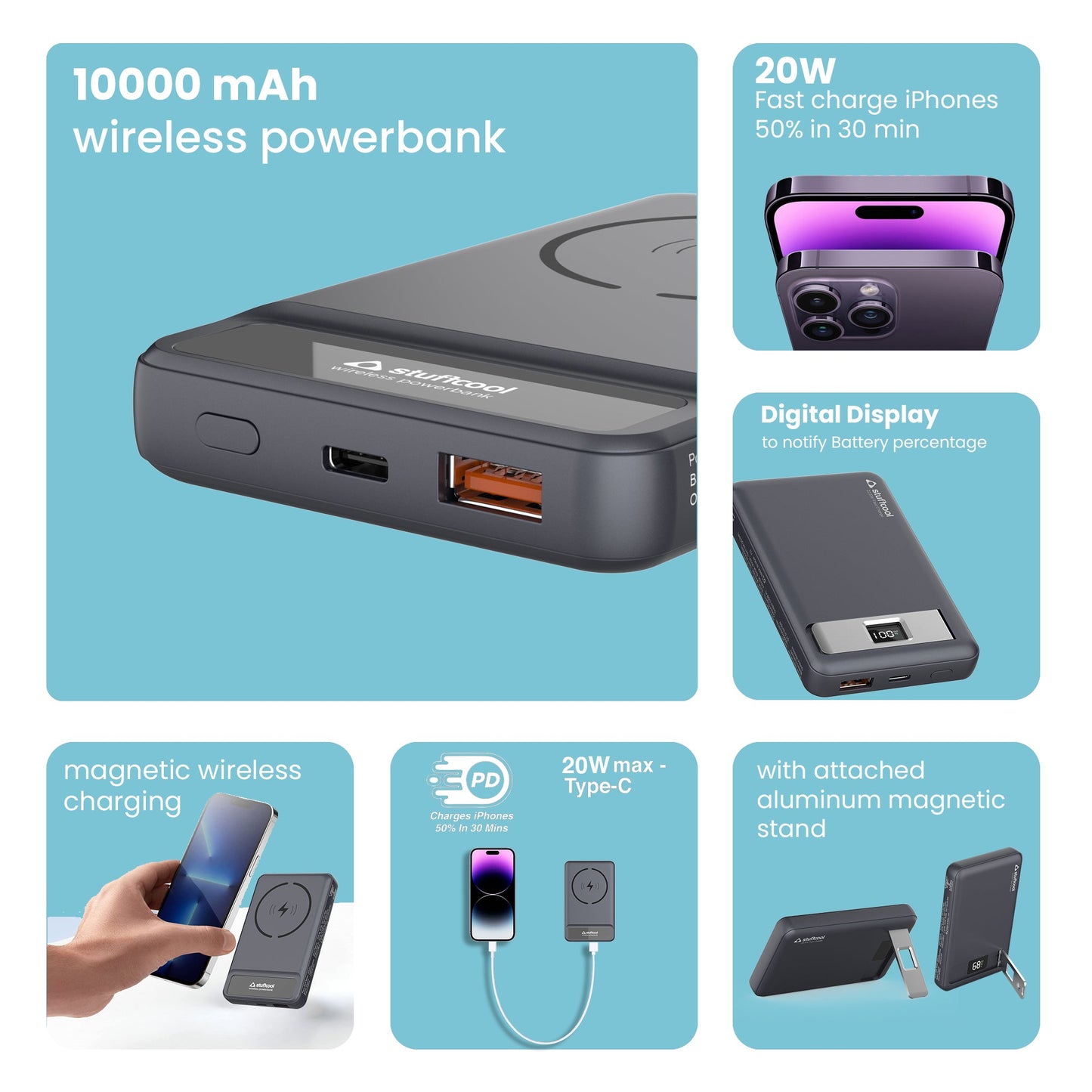 Click Pro 10000mAh Magnetic Wireless Powerbank With Stand