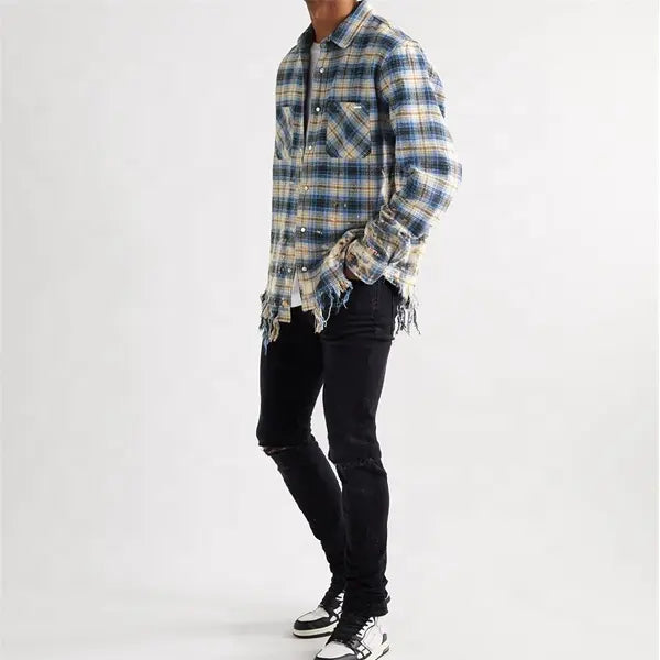 Custom oversized distressed checked cotton flannel mineral acid wash used ripped for men