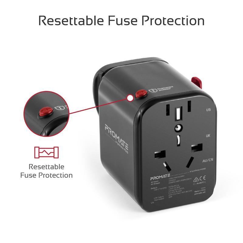 Tripmate - Travel Adapter with Re-settable Fuse & 30 Watt Output. Qualcomm 3.0 USB Type-C™ 18W Power Delivery Port