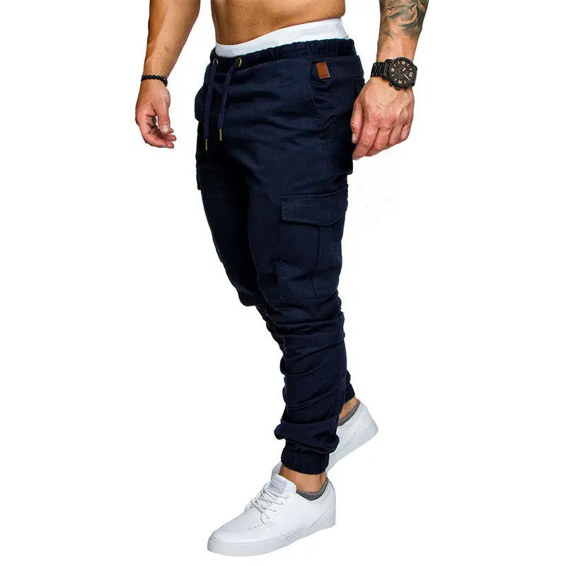 Men skinny cargo combat trousers slim fit jogger tracksuit bottom