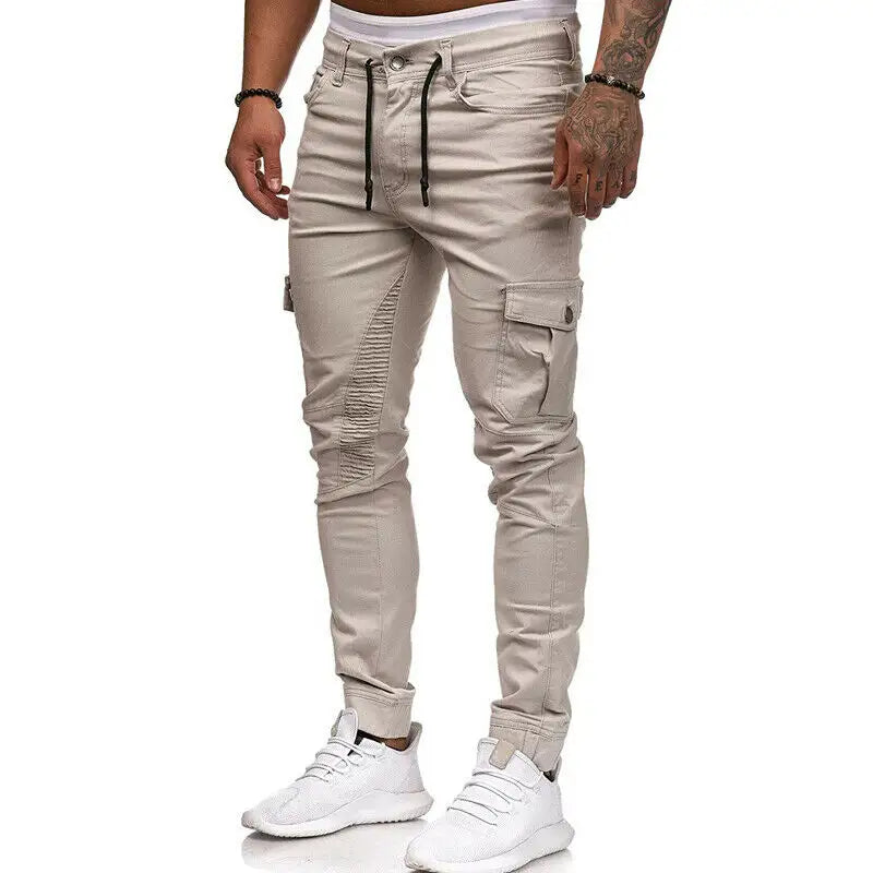 Men skinny cargo combat trousers slim fit jogger tracksuit bottom