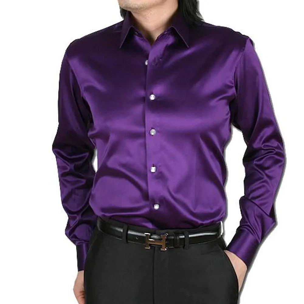 Latest Designs Smooth Silk Satin Shirt 2022 Men's Slim Fit Long Sleeve Button Down Dress at Wholesale